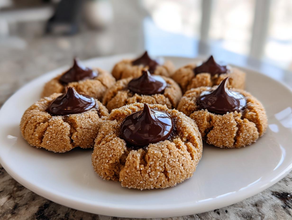 A plate of freshly baked peanut butter blossom cookies, rolled in sugar and topped with melted chocolate.