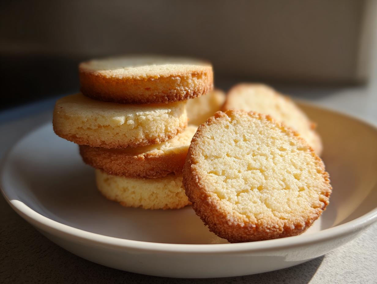 Close-up of golden brown 3-ingredient butter cookies stacked and resting on a light-colored plate.