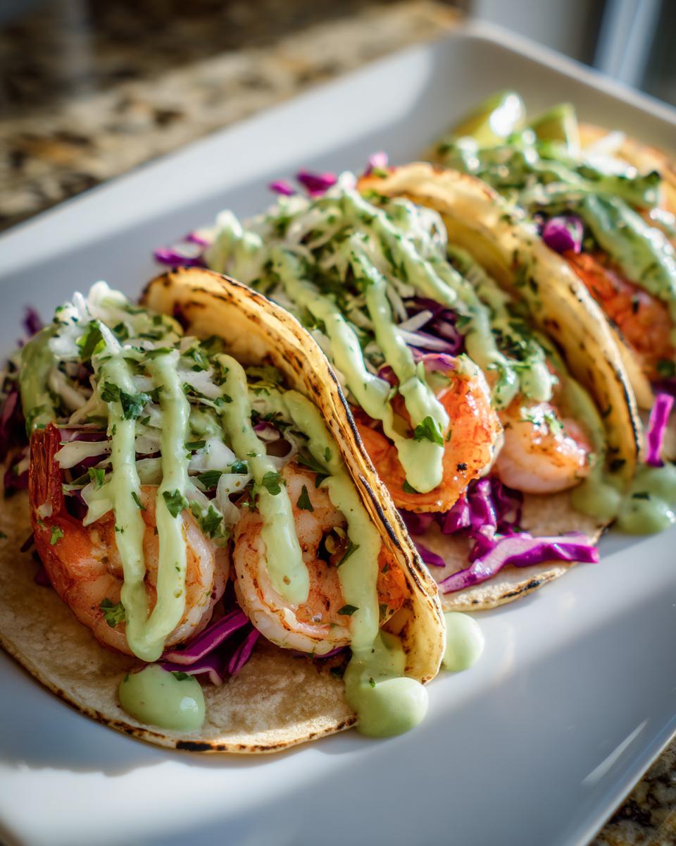 Close-up of three grilled shrimp taco shells filled with shrimp, purple cabbage, and drizzled generously with a creamy green sauce.
