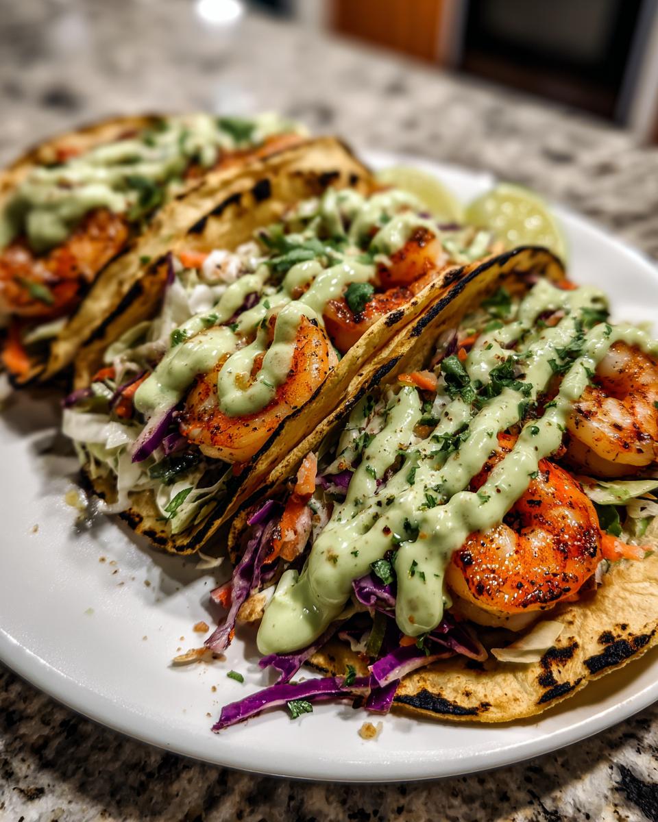Three grilled shrimp tacos loaded with cabbage slaw and drizzled generously with a creamy green sauce.