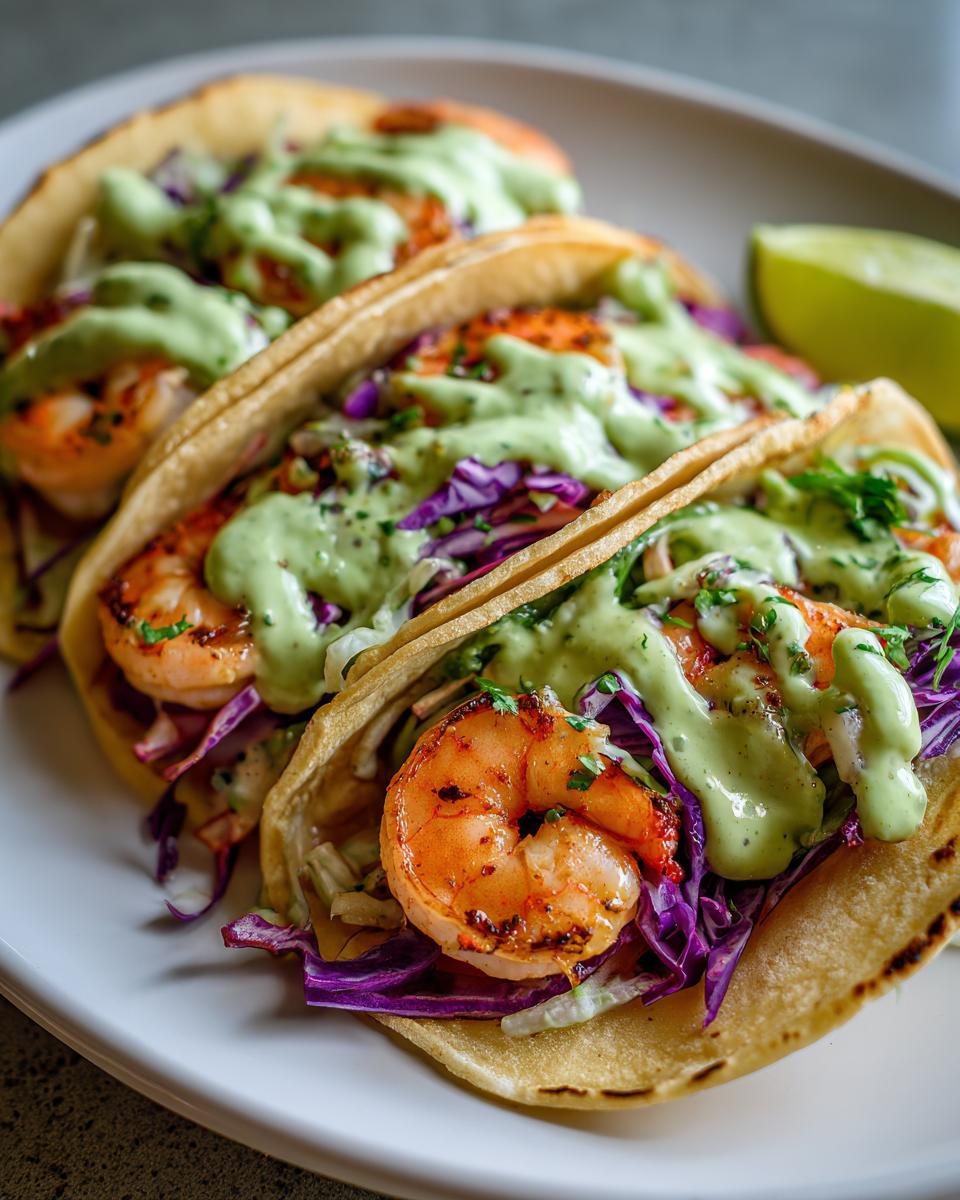 Three fully loaded shrimp taco shells filled with grilled shrimp, red cabbage slaw, and drizzled with green avocado crema.