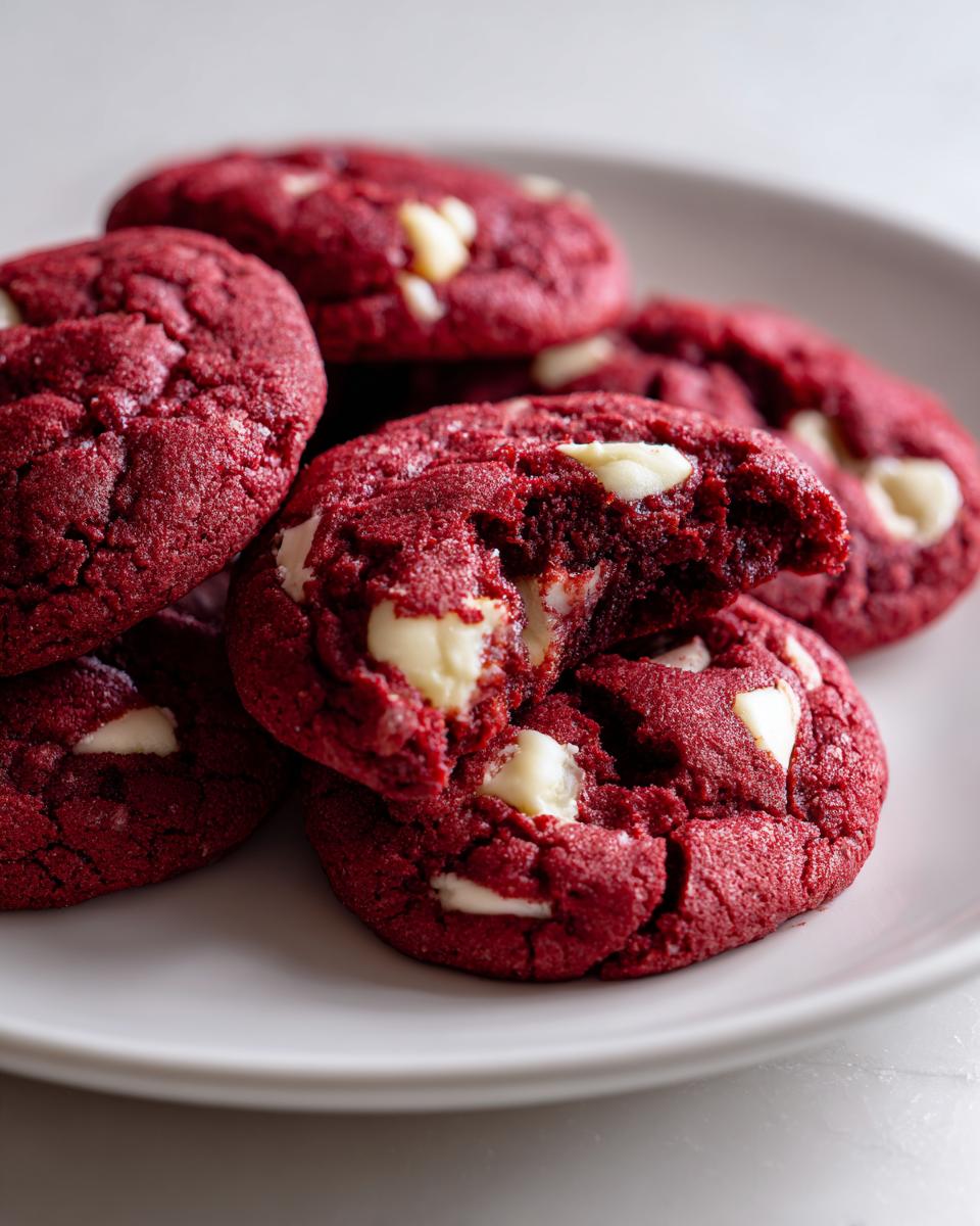 A stack of vibrant red velvet cake mix cookies studded with white chocolate chips, one cookie broken open to show the soft interior.