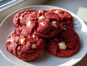 A stack of rich, deep red velvet cake mix cookies studded with white chocolate chips on a white plate.