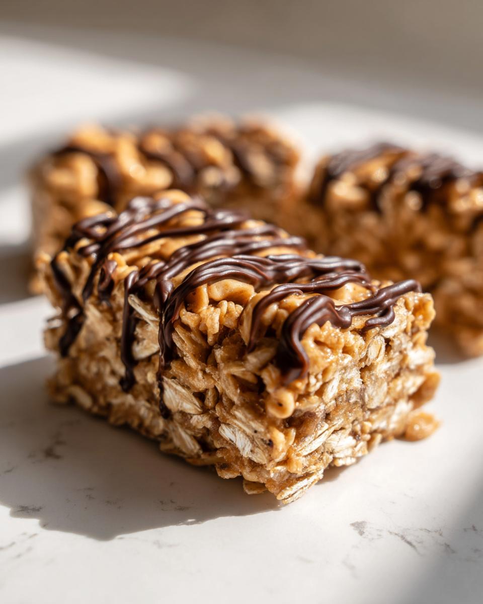 Close-up of a homemade protein bar made with oats and drizzled with dark chocolate.