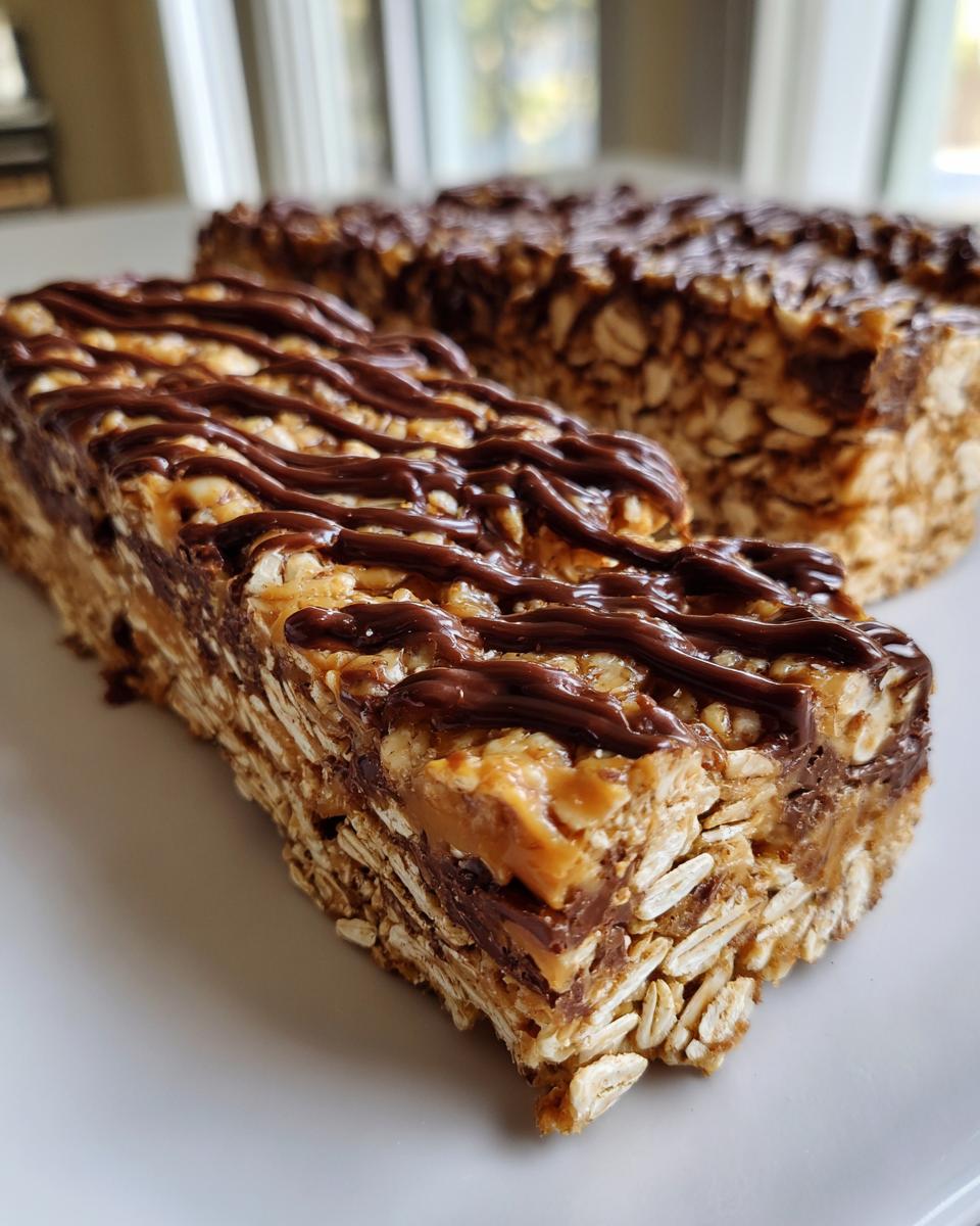Close-up of a homemade protein bar made with oats, caramel, and drizzled with dark chocolate.
