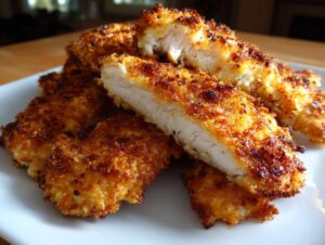 Close-up of perfectly cooked air fryer chicken tenders, showing a crispy golden-brown exterior and juicy white interior.
