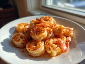 Close-up of seasoned, cooked air fryer frozen shrimp piled on a white plate, backlit by sunlight.