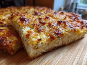 A thick, golden-brown slice of baked keto pizza crust resting on a wooden cutting board.