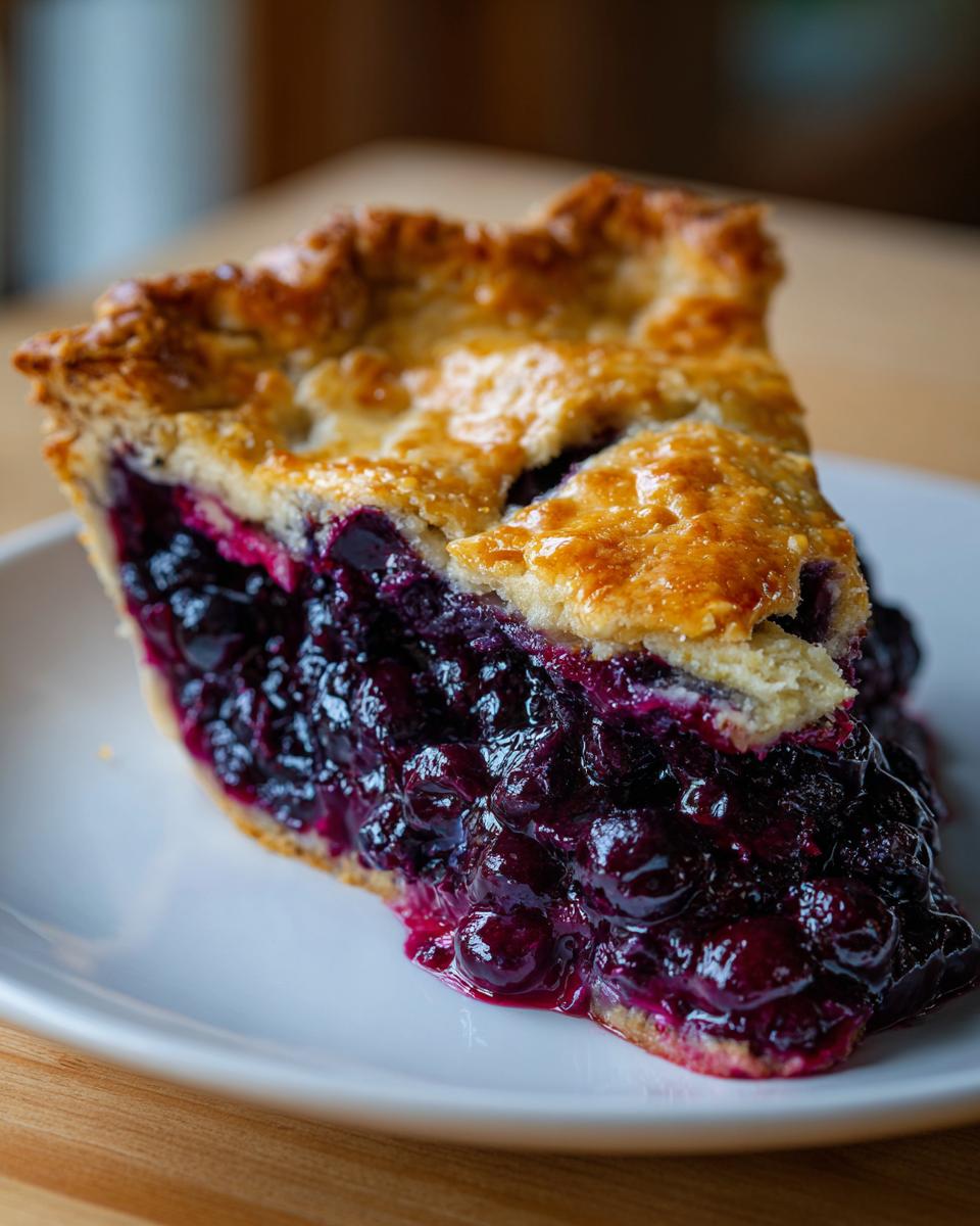 Close-up of a thick slice of amazing blueberry pie recipe, showing juicy, dark purple filling and golden crust.