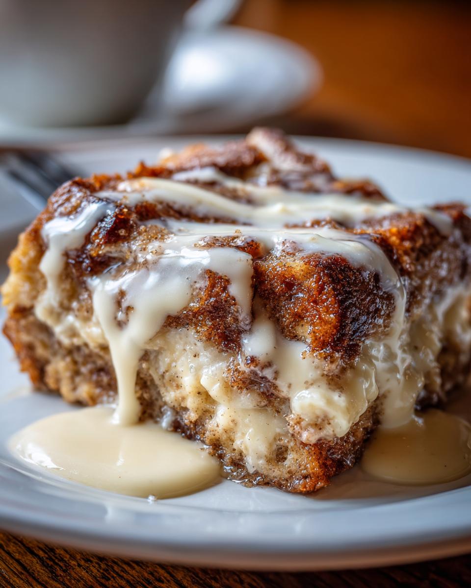 Close-up of a rich slice of bread pudding recipe topped with a thick, creamy vanilla glaze.