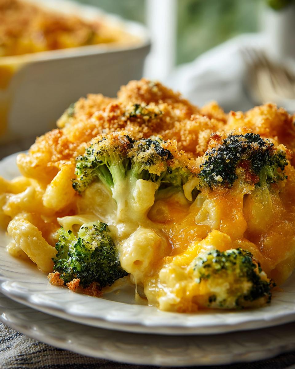 Close-up of a serving of creamy broccoli cheddar bake with a golden breadcrumb topping.