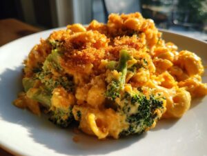 A close-up serving of creamy broccoli cheddar bake topped with golden brown breadcrumbs.