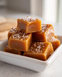 A stack of soft, golden brown caramels topped with flaky sea salt, ready to enjoy.