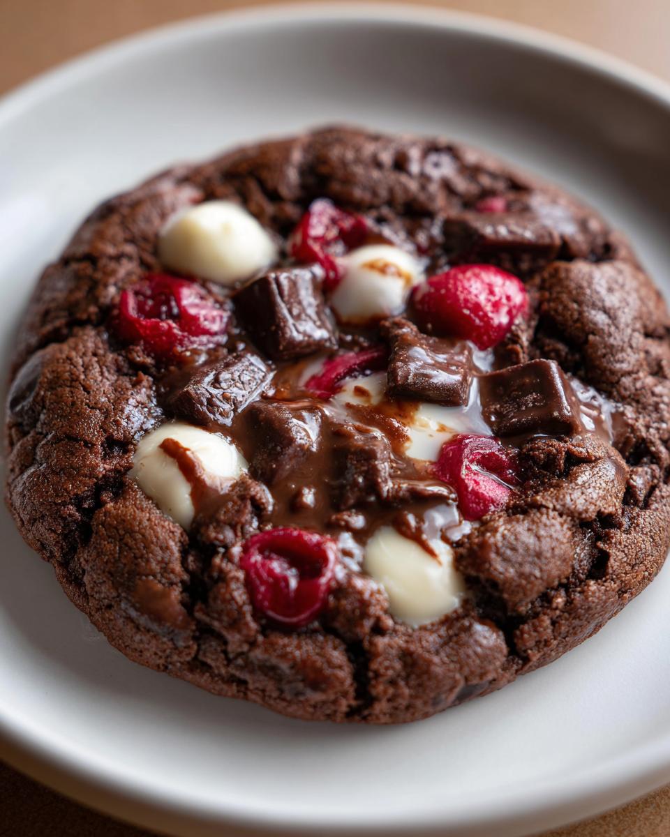 Close-up of a freshly baked, fudgy chocolate cherry cookies topped with melted chocolate chunks, white chocolate chips, and bright red cherries.
