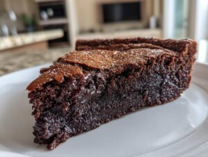 Close-up of a rich, dark slice of fudge pie showing a moist, brownie-like texture and a gooey chocolate center.