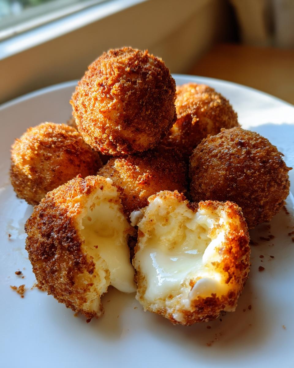Close-up of crispy fried goat cheese balls, one broken open revealing a gooey, melted center.