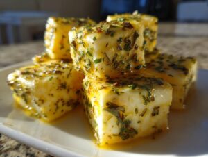 Close-up of cubes of amazing marinated cheese glistening with oil and covered in green herbs.