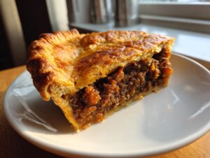 Close-up of a slice of golden brown meat pie showing the flaky crust and rich, dark savory filling.