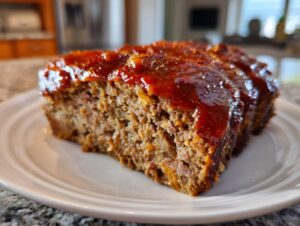 A close-up shot of a thick slice of moist meatloaf topped with a shiny, thick barbecue-style glaze.