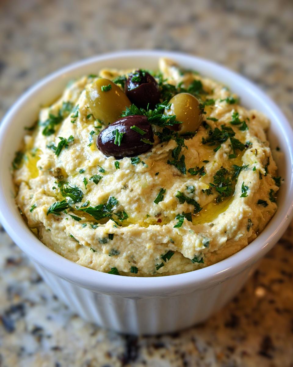 Close-up of creamy olive dip topped with whole olives, parsley, and olive oil in a white bowl.