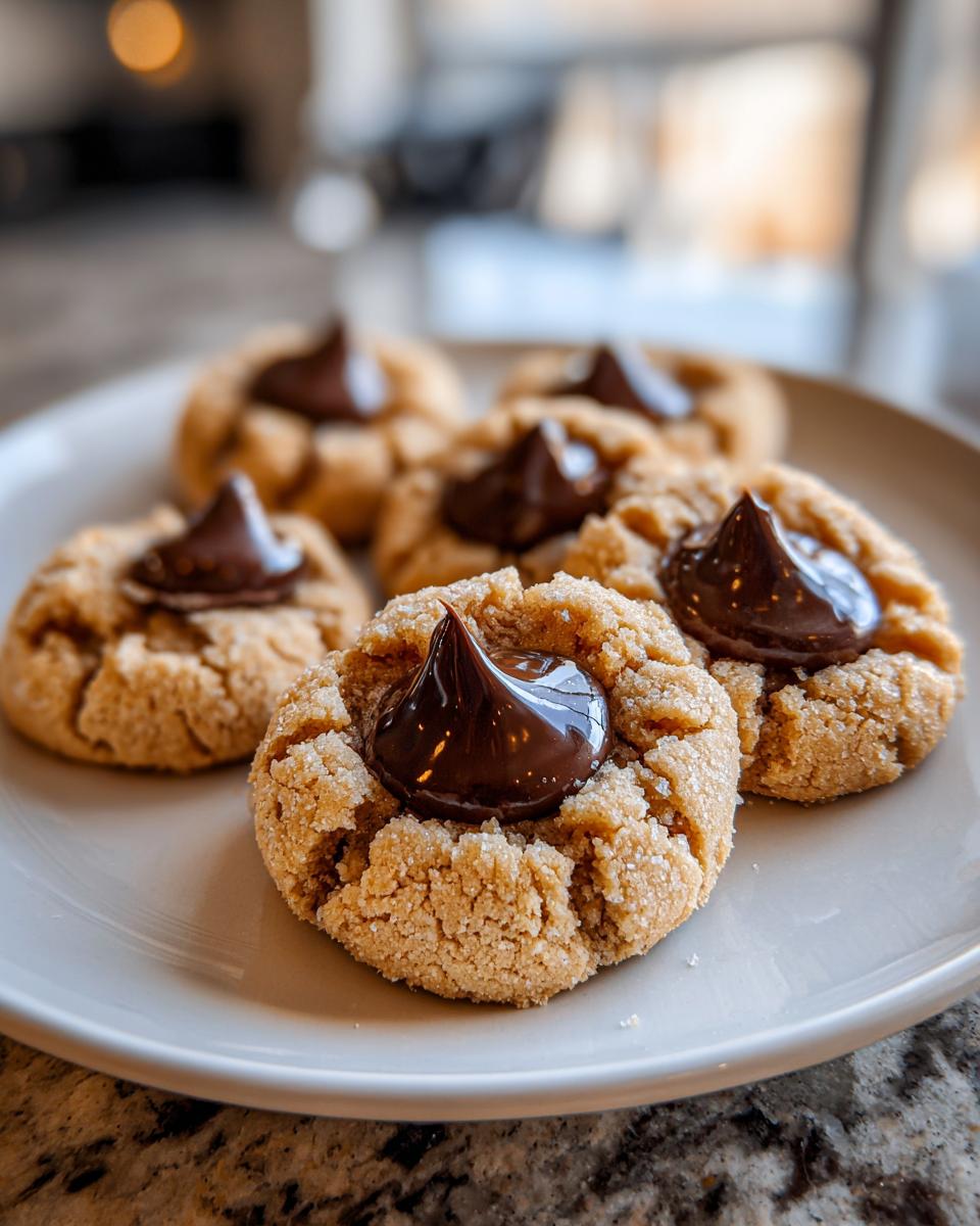 A plate of freshly baked peanut butter blossom cookies with a melted chocolate kiss center.
