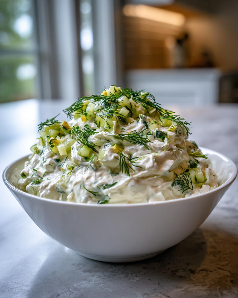 A generous serving of creamy, chunky pickle dip topped with diced pickles and fresh dill.