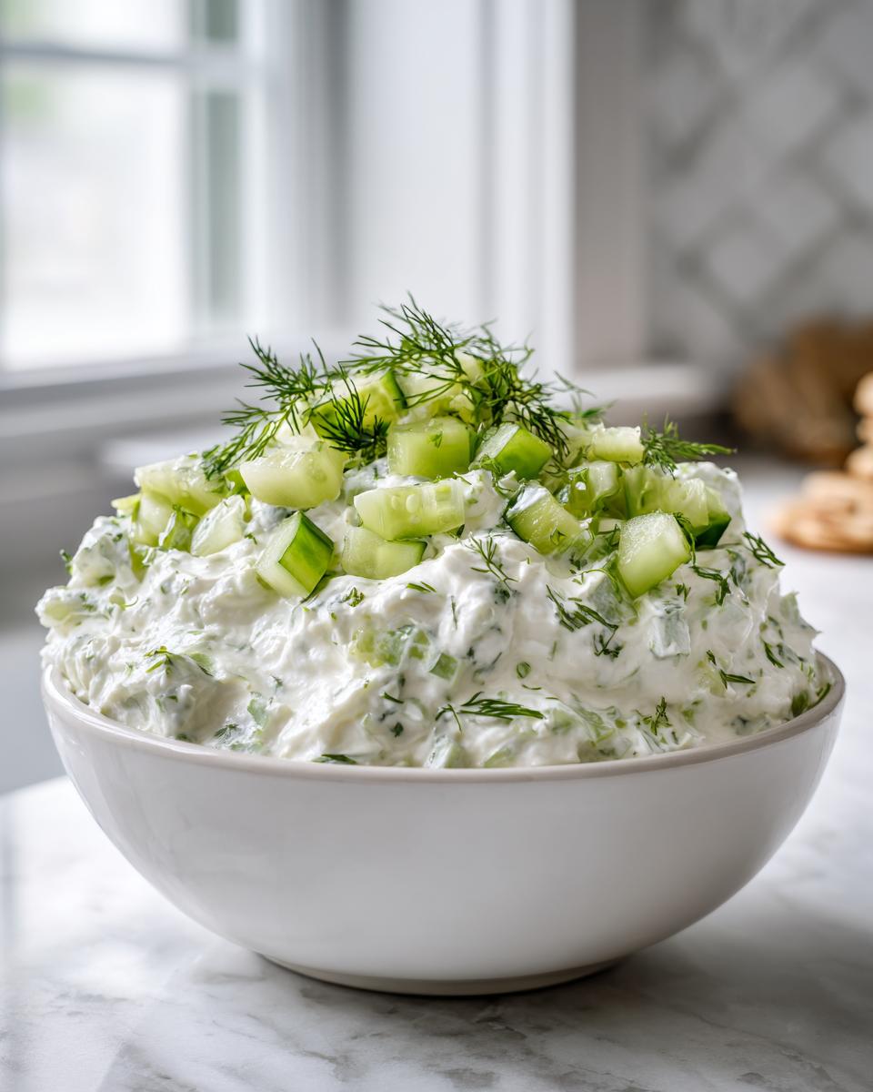 A large white bowl filled with creamy pickle dip, topped generously with diced cucumbers and fresh dill.