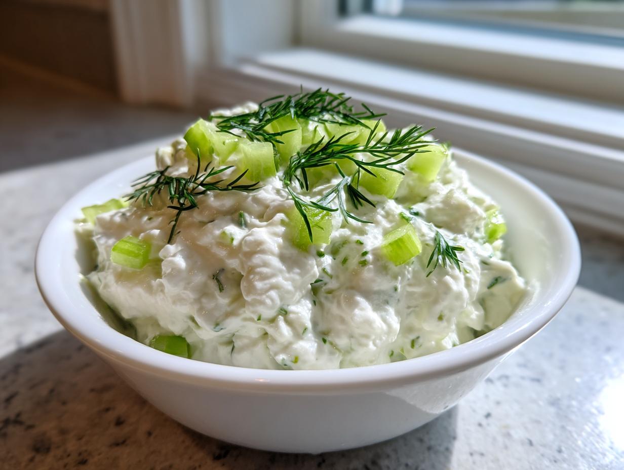 Close-up of creamy white pickle dip topped with chopped pickles and fresh dill, served in a small white bowl.