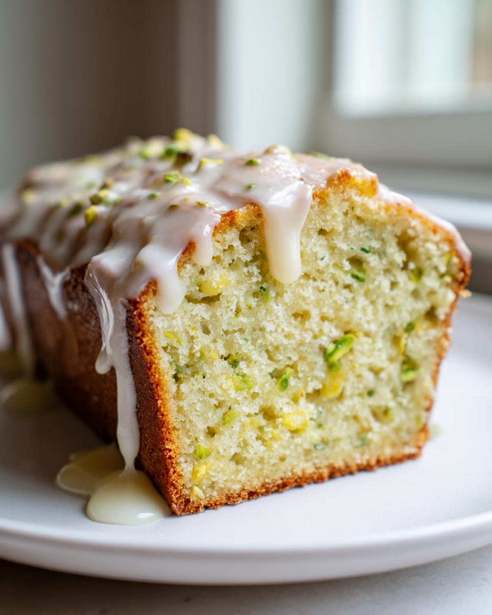 Close-up of a slice of moist pistachio bread loaf drizzled with white glaze and topped with chopped pistachios.