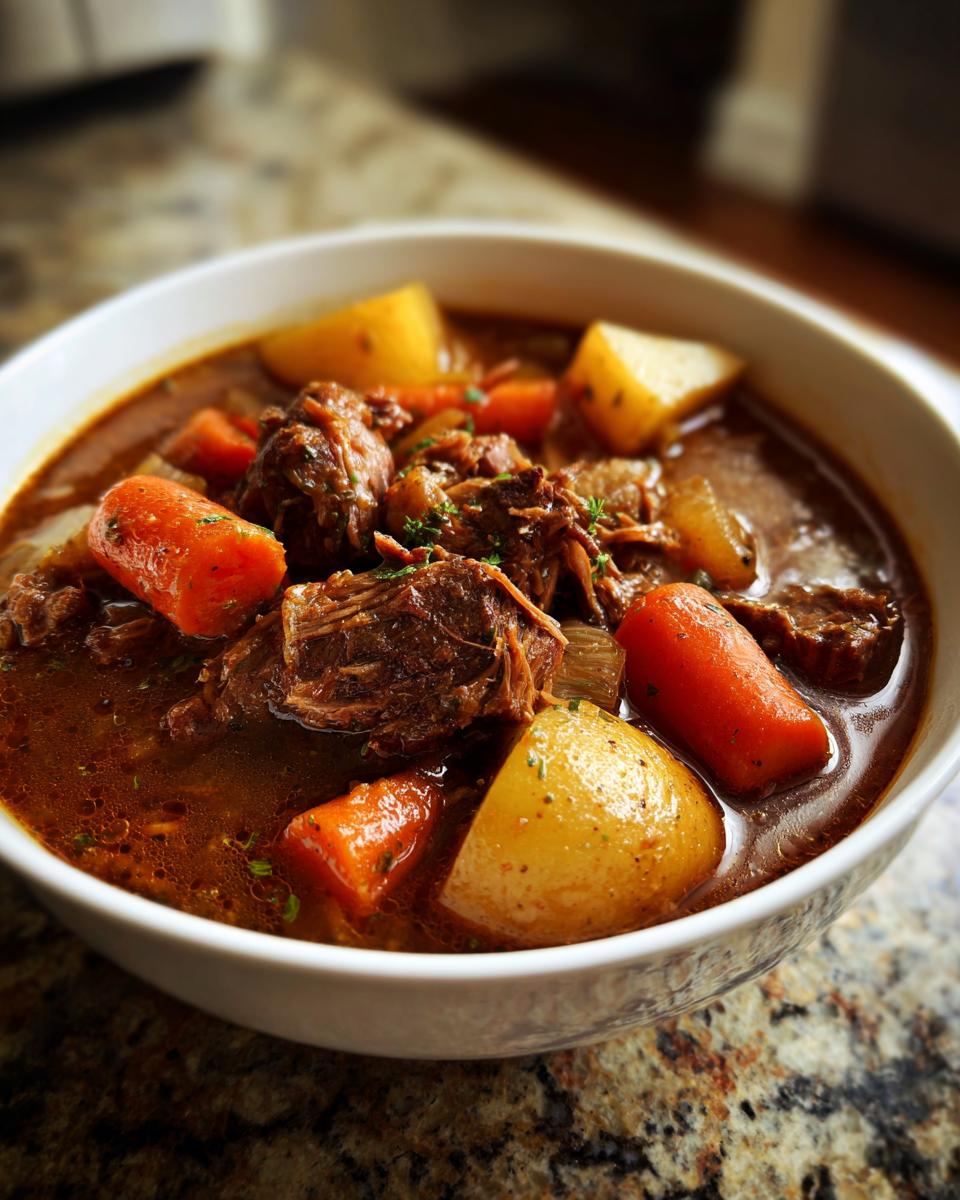 Close-up of a rich, dark bowl filled with tender chunks of pork stew, carrots, and potatoes.