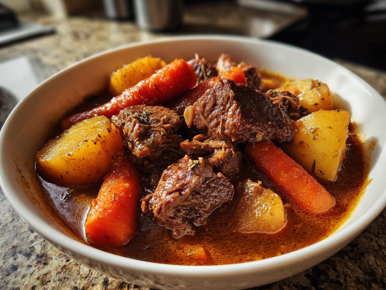 Close-up of a hearty bowl of amazing 7-hour pork stew with tender meat chunks, carrots, and potatoes.