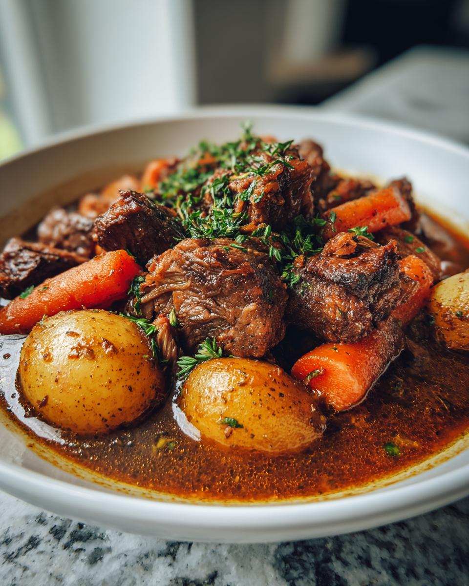 A close-up of a hearty bowl of amazing 7-hour pork stew, featuring tender chunks of meat, whole potatoes, and carrots, garnished with fresh herbs.