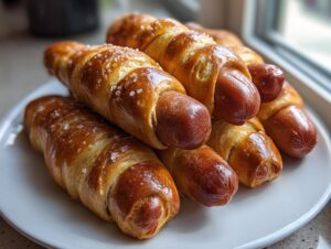 A stack of freshly baked pretzel dogs with a shiny, dark brown crust and coarse salt topping.