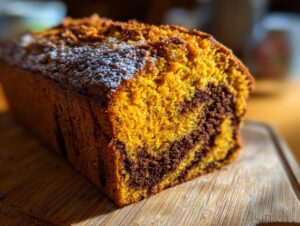Close-up of a marbled pumpkin sourdough loaf with a rich orange crumb and dark chocolate swirl, dusted with powdered sugar.