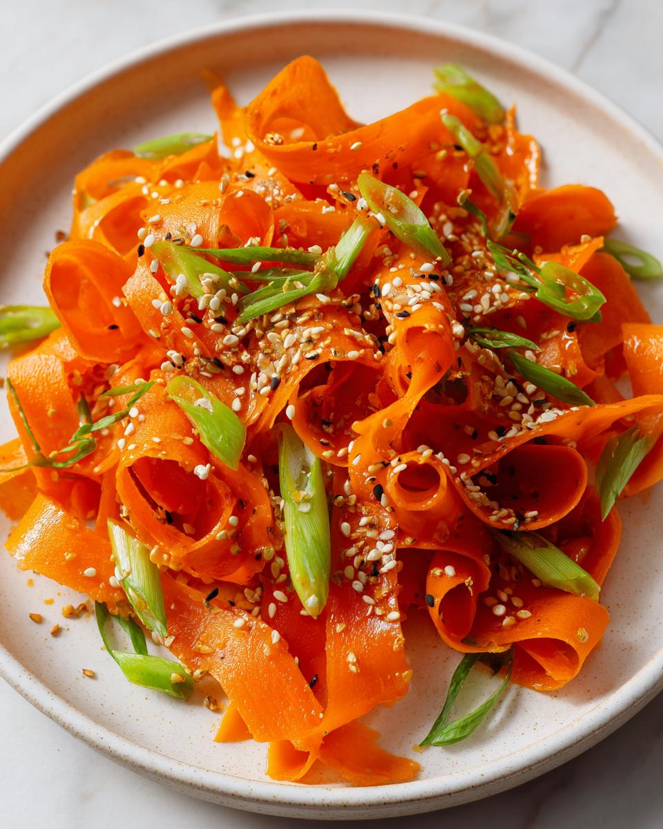 Close-up of a vibrant raw carrot salad featuring shaved carrot ribbons, green onions, and sesame seeds.