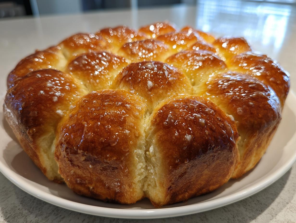 A cluster of golden brown sourdough discard rolls baked together and topped with a shiny glaze.