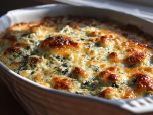 Close-up of hot, bubbly spinach artichoke dip topped with melted, browned cheese in a white baking dish.