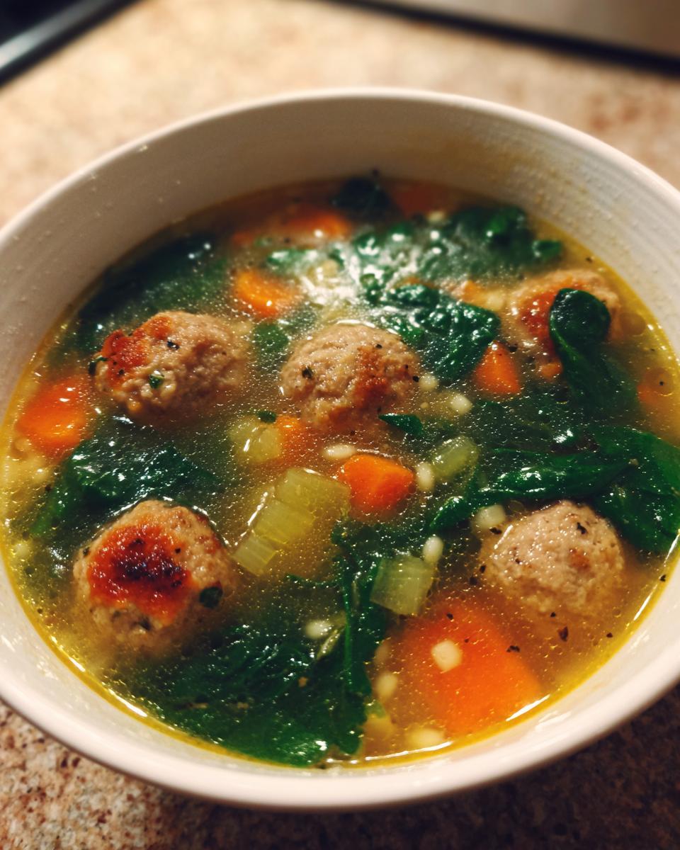 Close-up of a white bowl filled with homemade wedding soup, featuring meatballs, spinach, carrots, and pasta in broth.