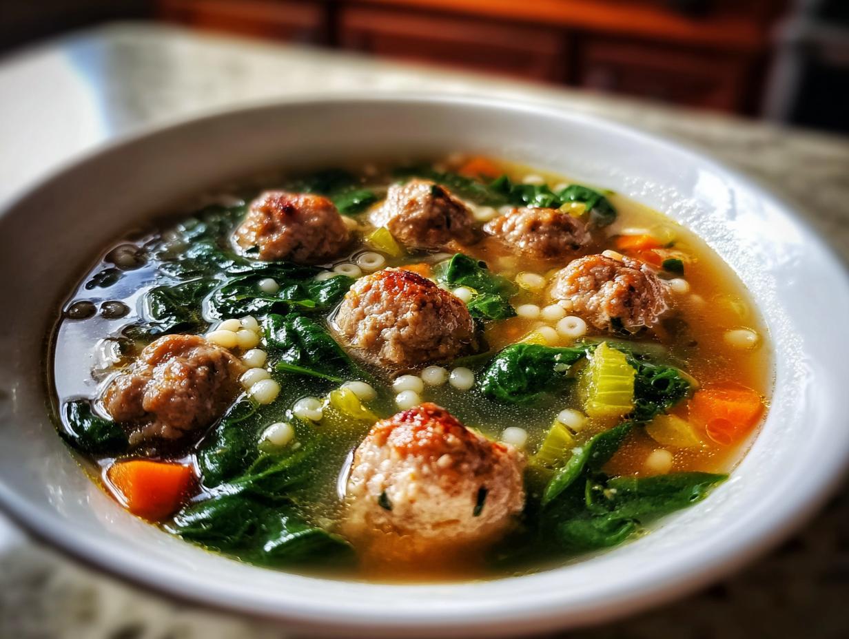 A close-up, appetizing bowl of homemade wedding soup featuring small meatballs, spinach, acini di pepe pasta, and carrots in broth.