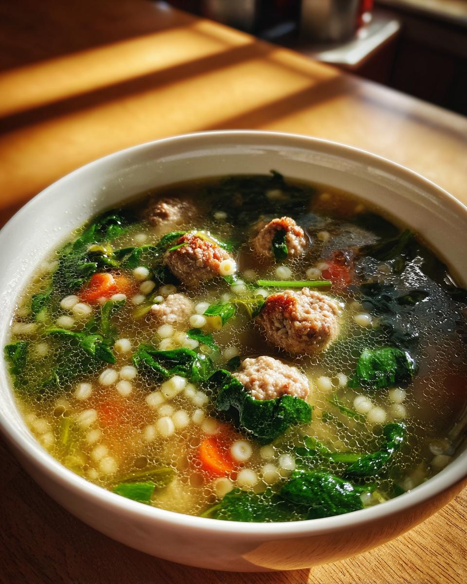 A white bowl filled with hot wedding soup featuring meatballs, acini di pepe pasta, spinach, and carrots in broth.