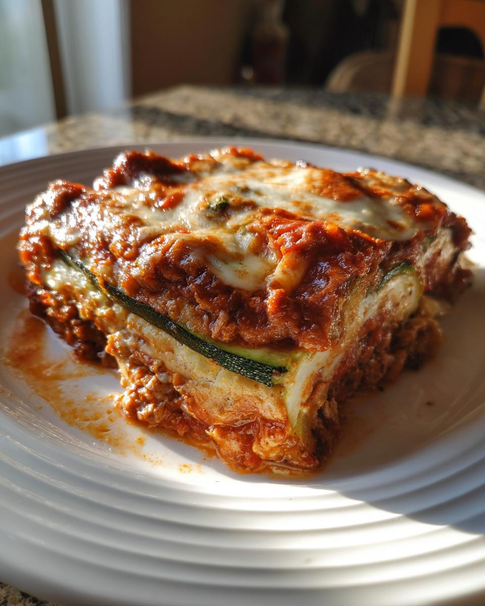 A thick slice of zucchini lasagna showing layers of meat sauce, ricotta, and zucchini strips, topped with melted mozzarella.