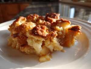 Close-up of a warm serving of apple cobbler recipe with a golden, crumbly topping and syrupy apples.
