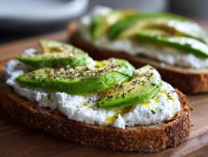 Close-up of avocado cottage cheese toast topped with black pepper and olive oil on a wooden board.