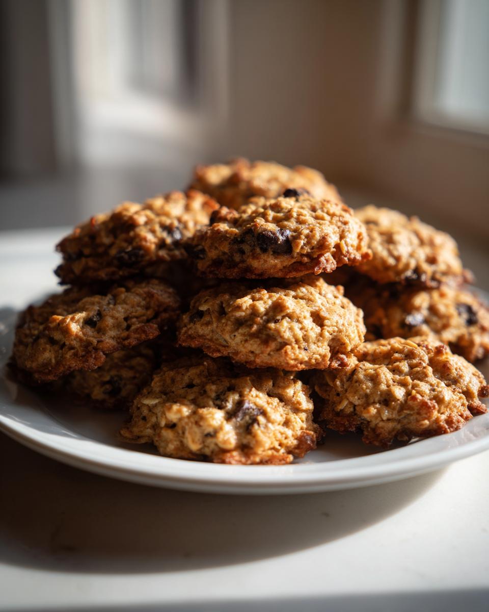 A tempting stack of freshly baked banana oatmeal cookies with visible oats and chocolate chips on a white plate.