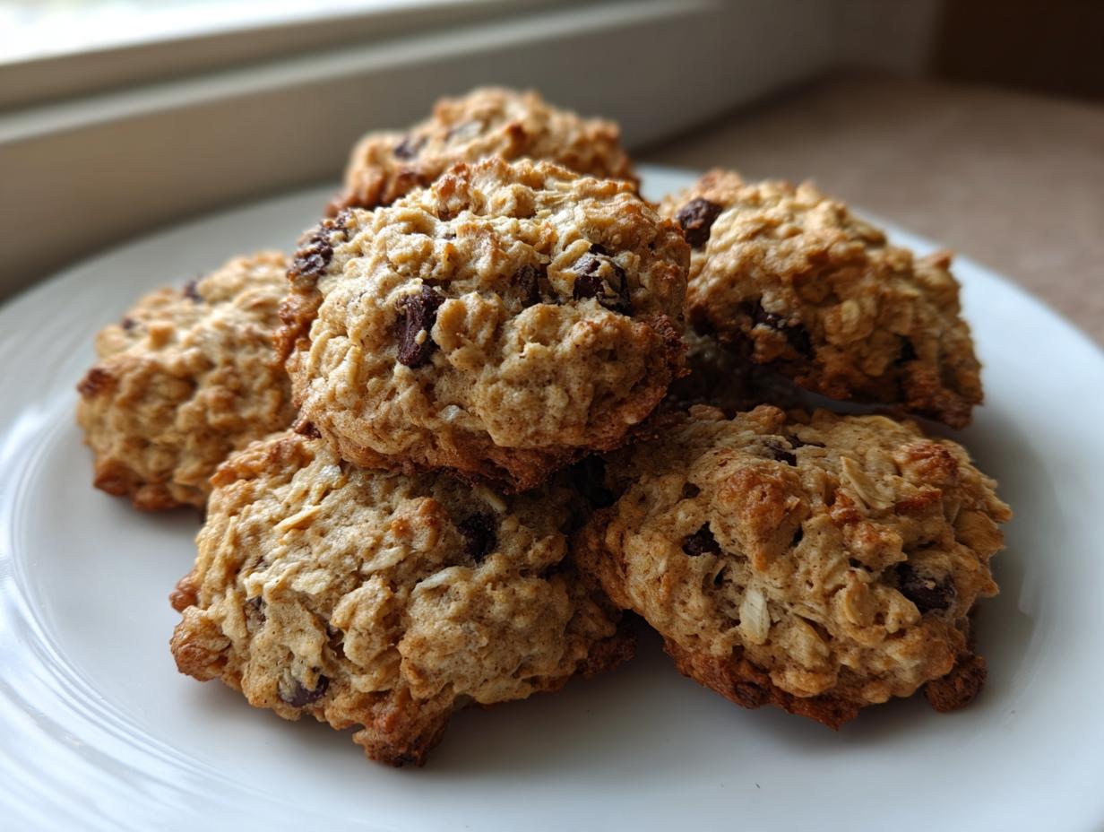 A stack of golden brown banana oatmeal cookies with visible chocolate chips resting on a white plate near a window.