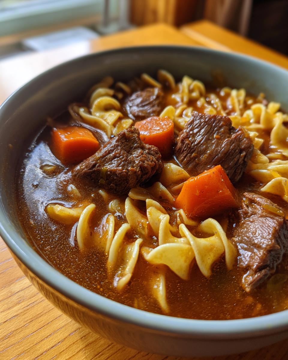 Close-up of a bowl of rich beef noodle soup featuring tender chunks of beef, egg noodles, and bright orange carrots.