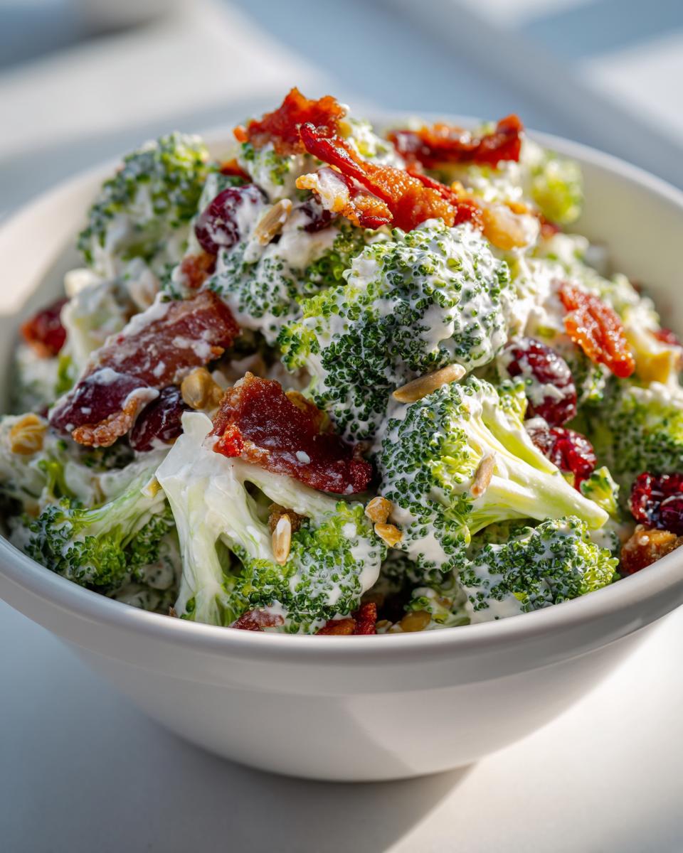 Close-up of creamy broccoli salad mixed with bacon bits, dried cranberries, and sunflower seeds in a white bowl.