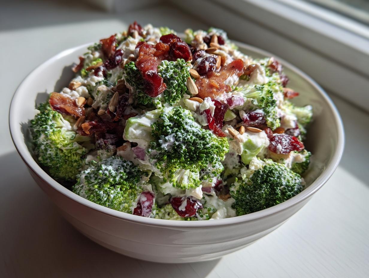A creamy bowl of the BEST broccoli salad topped generously with crispy bacon, dried cranberries, and sunflower seeds.