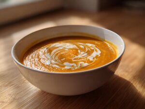 Close-up of a bowl of velvety orange squash soup topped with a decorative swirl of white cream.