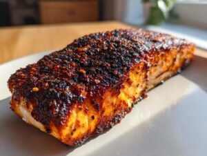 A thick, perfectly cooked fillet of blackened salmon resting on a light plate, showing a dark, spicy crust.